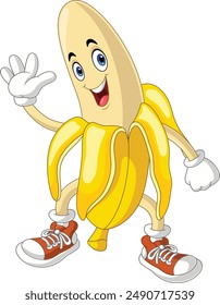 Cartoon happy banana mascot character waving hand