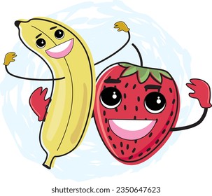 cartoon of happy banana and strawberry vector illustration. ready to print, good for animation,character,education,school, logo,children learning