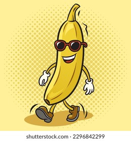 Cartoon happy banana walking in sunglasses pinup pop art retro vector illustration. Comic book style imitation.