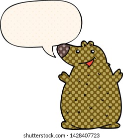 cartoon happy bear with speech bubble in comic book style