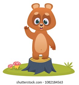 Cartoon happy bear waving hand stand on a tree stump. Vector illustration. Big cartoon animals collection. Design for children book illustration