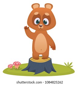 Cartoon happy bear waving hand stand on a tree stump. Vector illustration isolated