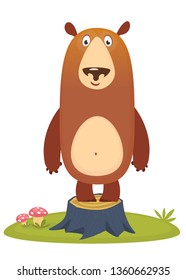 Cartoon happy bear waving hand stand on a tree stump. Vector illustration isolated