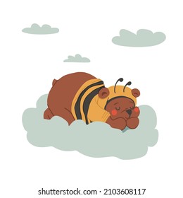 Cartoon happy bear wearing bee costume isolated on white background. Vector childish brown bear in wasp clothes illustration. Cute flat character perfect for textile, sticker, poster, card