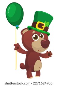 Cartoon happy bear wearing st patrick's hat with a clover. Vector illustration for Saint Patrick's Day. Party poster design.