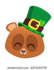 Cartoon happy bear wearing st patrick's hat with a clover. Vector illustration for Saint Patrick's Day. Party poster design.