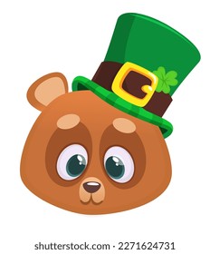 Cartoon happy bear wearing st patrick's hat with a clover. Vector illustration for Saint Patrick's Day. Party poster design.