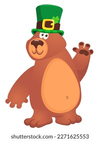 Cartoon happy bear wearing st patrick's hat with a clover. Vector illustration for Saint Patrick's Day. Party poster design.