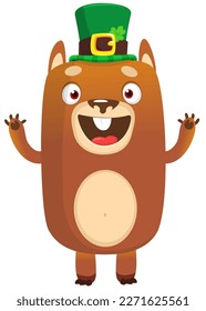 Cartoon happy bear wearing st patrick's hat with a clover. Vector illustration for Saint Patrick's Day. Party poster design.