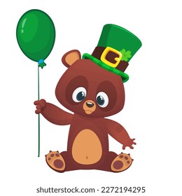 Cartoon happy bear wearing st patrick's hat with a clover. Vector illustration for Saint Patrick's Day. Party poster design.