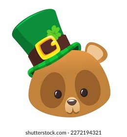 Cartoon happy bear wearing st patrick's hat with a clover. Vector illustration for Saint Patrick's Day. Party poster design.