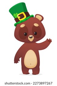Cartoon happy bear wearing st patrick's hat with a clover. Vector illustration for Saint Patrick's Day. Party poster design.