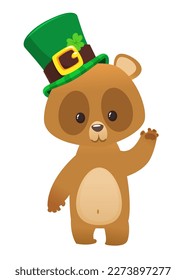 Cartoon happy bear wearing st patrick's hat with a clover. Vector illustration for Saint Patrick's Day. Party poster design.