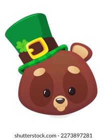 Cartoon happy bear wearing st patrick's hat with a clover. Vector illustration for Saint Patrick's Day. Party poster design.