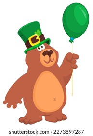 Cartoon happy bear wearing st patrick's hat with a clover. Vector illustration for Saint Patrick's Day. Party poster design.