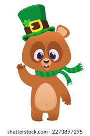 Cartoon happy bear wearing st patrick's hat with a clover. Vector illustration for Saint Patrick's Day. Party poster design.