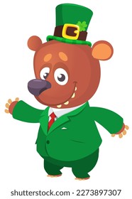 Cartoon happy bear wearing st patrick's hat with a clover. Vector illustration for Saint Patrick's Day. Party poster design.