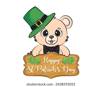 Cartoon happy bear wearing st patrick's hat with a clover. Vector illustration Saint Patrick s Day