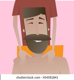 Cartoon happy beard man character vector illustration. Relax massage concept image.