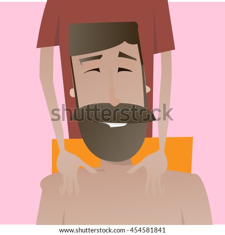 Cartoon happy beard man character vector illustration. Relax massage concept image.