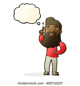 caricatura hombre barbudo feliz con idea con burbuja de pensamiento