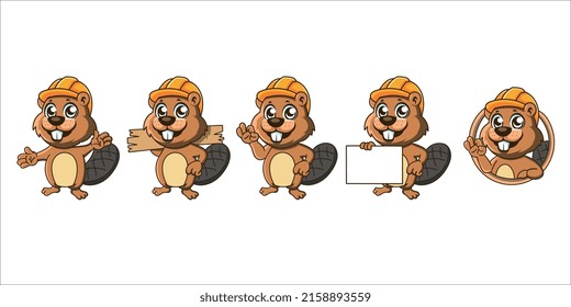 Cartoon happy Beaver Mascot Set