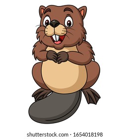 Cartoon happy beaver on white background