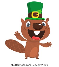 Cartoon happy beaver wearing st patrick's hat with a clover. Vector illustration for Saint Patrick's Day. 