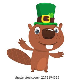 Cartoon happy beaver wearing st patrick's hat with a clover. Vector illustration for Saint Patrick's Day. 