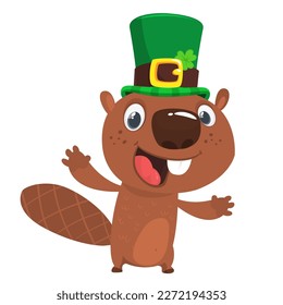 Cartoon happy beaver wearing st patrick's hat with a clover. Vector illustration for Saint Patrick's Day. 