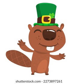 Cartoon happy beaver wearing st patrick's hat with a clover. Vector illustration for Saint Patrick's Day. 