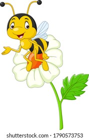 Cartoon happy bee with a flower