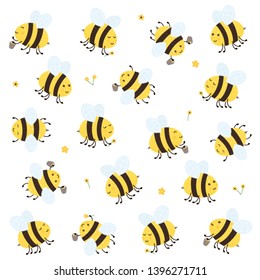 Cartoon happy bees with honey and flowers isolated on white background, illustration.