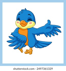 Cartoon happy bird flying presenting on white background