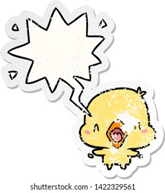 Cartoon-Happy-Vogel mit Sprachblase bedrückte alte Aufkleber