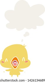 cartoon happy bird with thought bubble in retro style