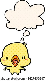 cartoon happy bird with thought bubble in comic book style