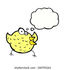 Cartoon-glücklicher Vogel mit Gedankenblase