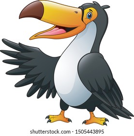 Cartoon happy bird toucan waving on white background