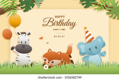 Cartoon happy birthday animals card. Greeting cards with cute safari or jungle animals giraffe, elephant, fox party in the tropical forest. Template invitation paper art style vector illustration.
