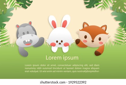 Cartoon happy birthday animals card. Greeting cards with cute safari or jungle animals rabbit, hippo, fox party in the tropical forest. Template invitation paper art style vector illustration.