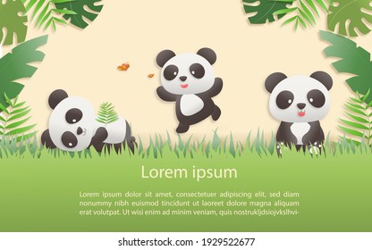 Cartoon happy birthday animals card. Greeting cards with cute safari or jungle animals three panda party in the tropical forest. Template invitation paper art style vector illustration.