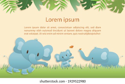 Cartoon happy birthday animals card. Greeting cards with cute safari or jungle animals three elephant party in the tropical forest. Template invitation paper art style vector illustration.