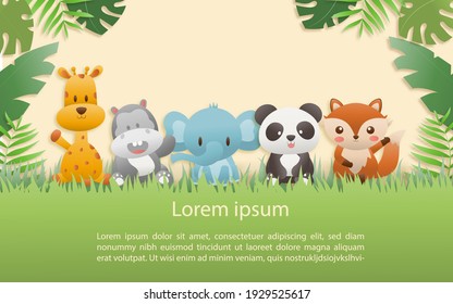 Cartoon happy birthday animals card. Greeting cards with cute safari or jungle animals giraffe, hippo, fox, elephant, panda party in the tropical forest. Template invitation paper art style.