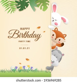 Cartoon happy birthday animals card. Greeting cards with cute safari or jungle animals rabbit, hippo, fox party in the tropical forest. Template invitation paper art style vector illustration.	
