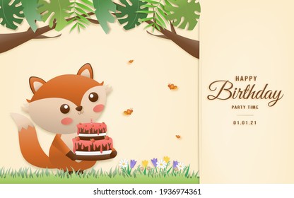 Cartoon happy birthday animals card. Greeting cards with cute safari or jungle animals fox holding cake party in the tropical forest. Template invitation paper art style vector illustration.