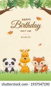 Cartoon happy birthday animals card. Greeting cards with cute safari or jungle animals giraffe, panda, fox party in the tropical forest. Template invitation paper art style vector illustration.	
