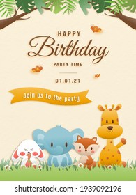 Cartoon happy birthday animals card. Greeting cards with cute safari or jungle animals party in the tropical forest. Template invitation paper art style vector illustration.	
