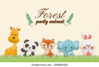 Cartoon happy birthday animals card. Greeting cards with cute safari or jungle animals party in the tropical forest. Template invitation paper art style vector illustration.	
