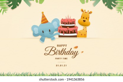 Cartoon happy birthday animals card. Greeting cards with cute safari or jungle animals elephant, giraffe and cake party in the tropical forest. Template invitation paper art style vector illustration.